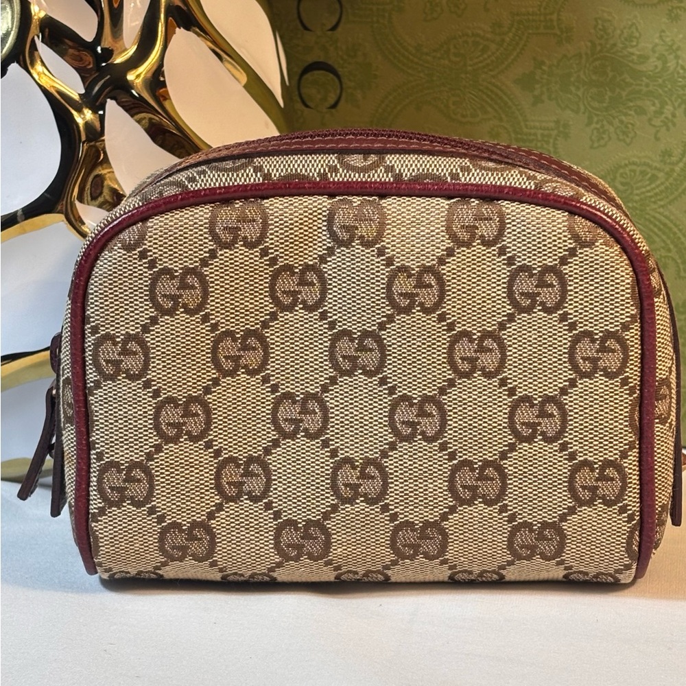 Gucci Beige Brown Monogram Cosmetic Pouch with Burgundy Trim